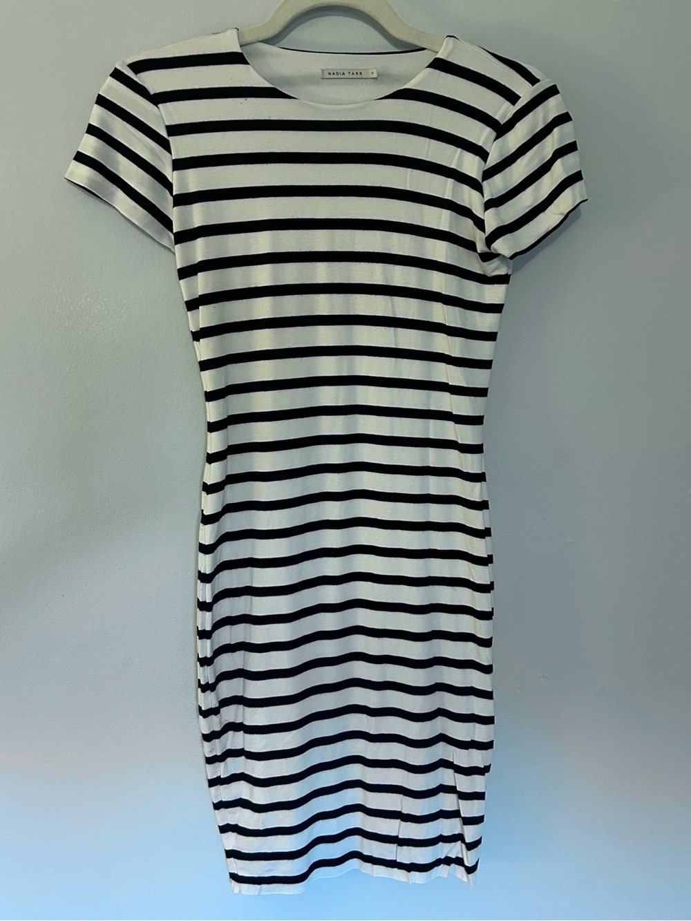 Nadia Tarr Black & White Striped Lined Short Sleeve Form-Fitting Mini Dress